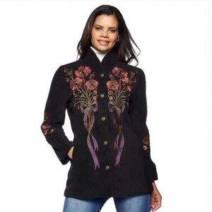 Bob Mackie Jacket Coat Women’s XL Black Embroidery Floral Fleece Fall Mid Length